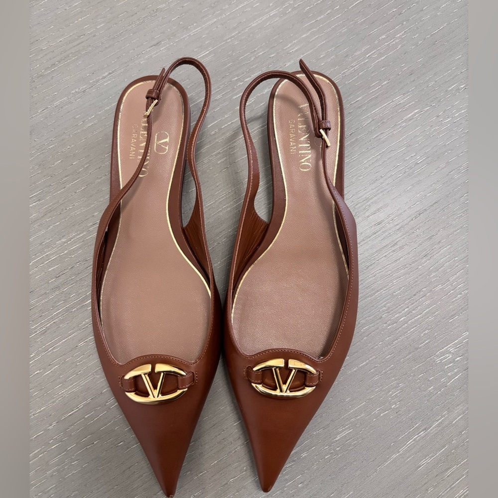 Valentino Garavani Brown Leather Flats with Gold Accent